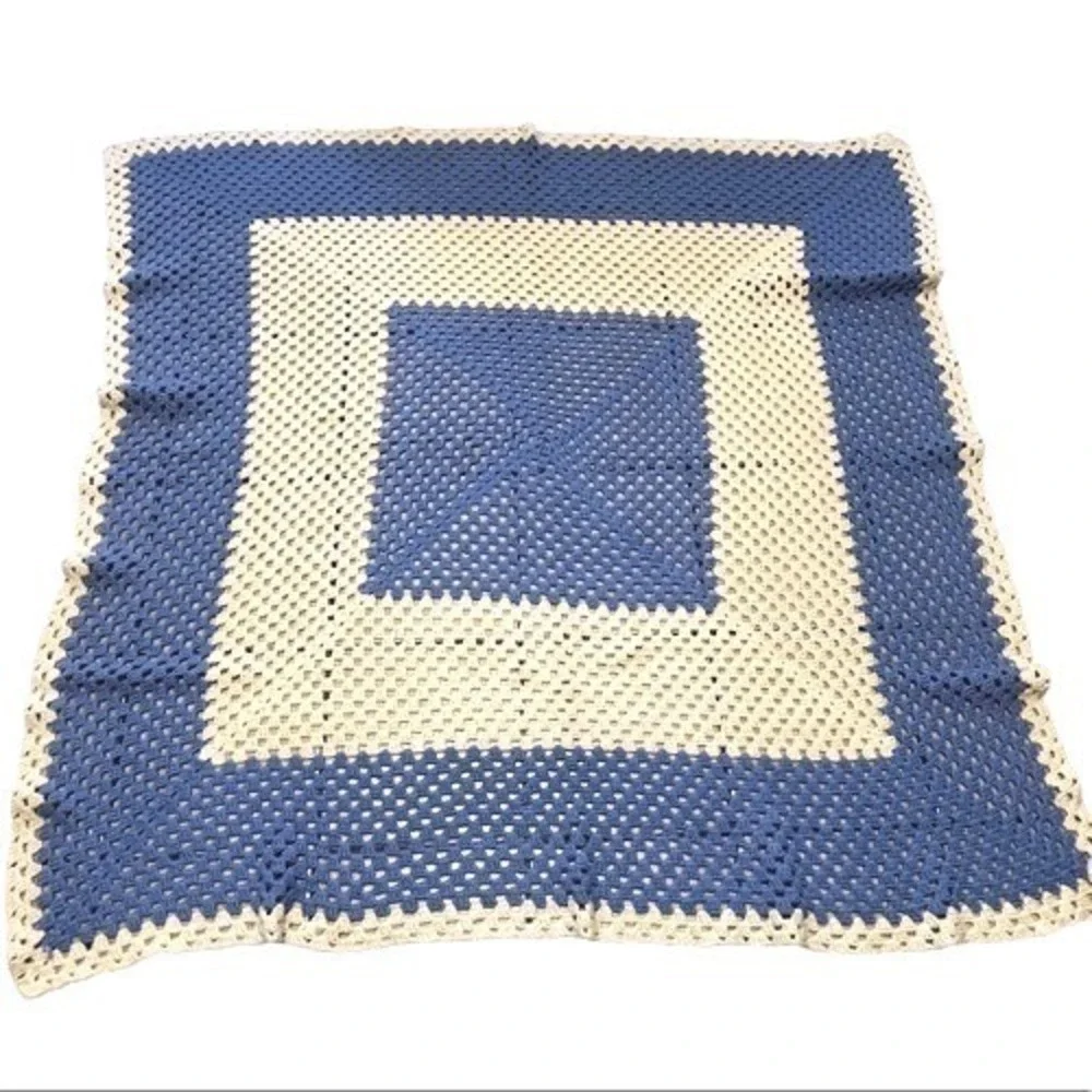 Vintage Granny Square Crochet Blanket Unisex 65x65 Blue Beige Excellent Afghan